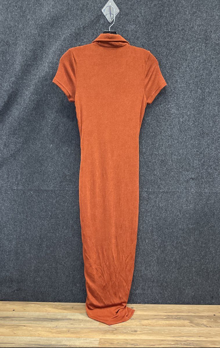 FashionNova Women's Chocolate Silky Slinky Maxi Dress Ruched Collared NWT Sz S