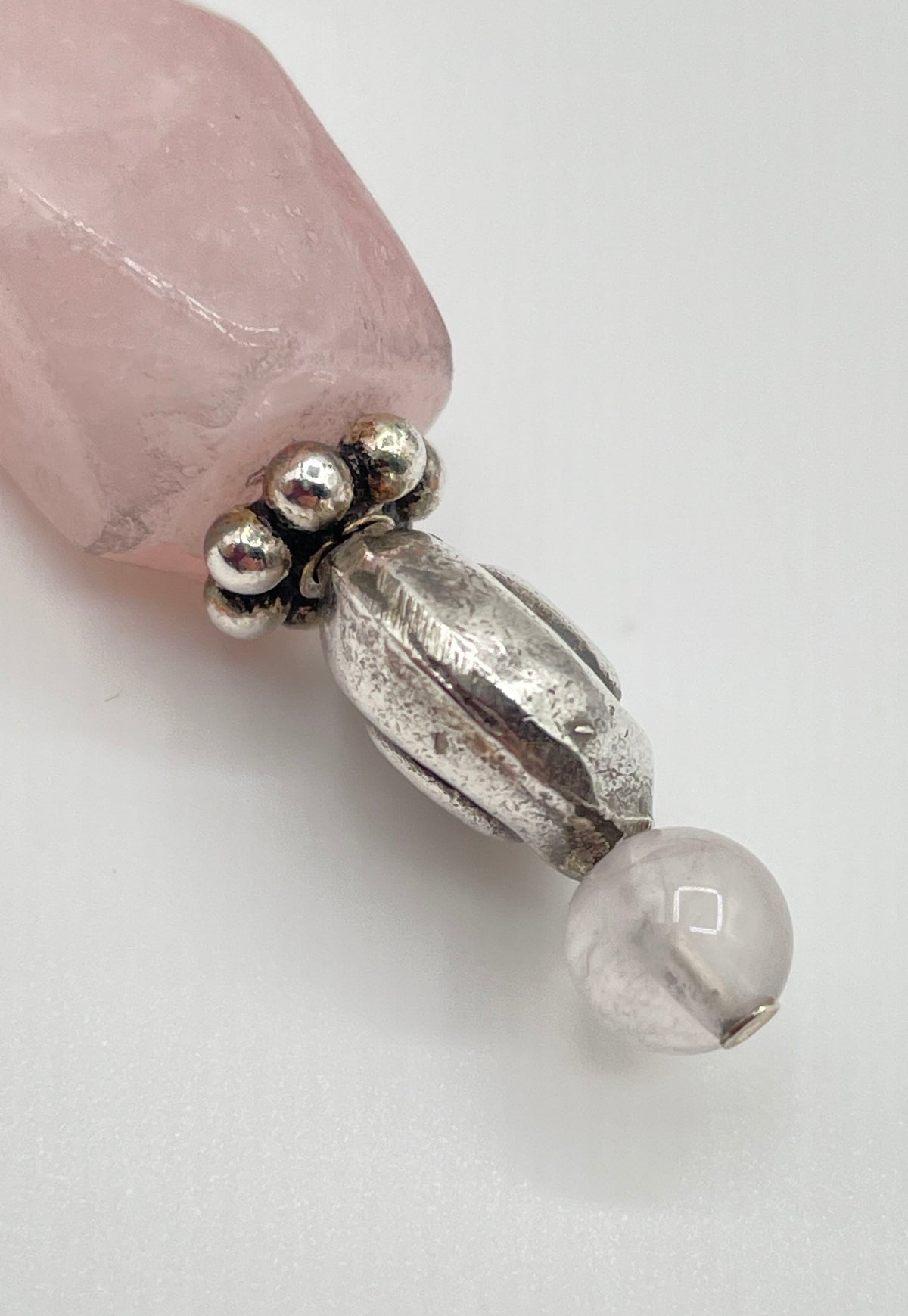 925 Sterling Silver Ornate Bead & Rose Quartz Pendant 11.8g