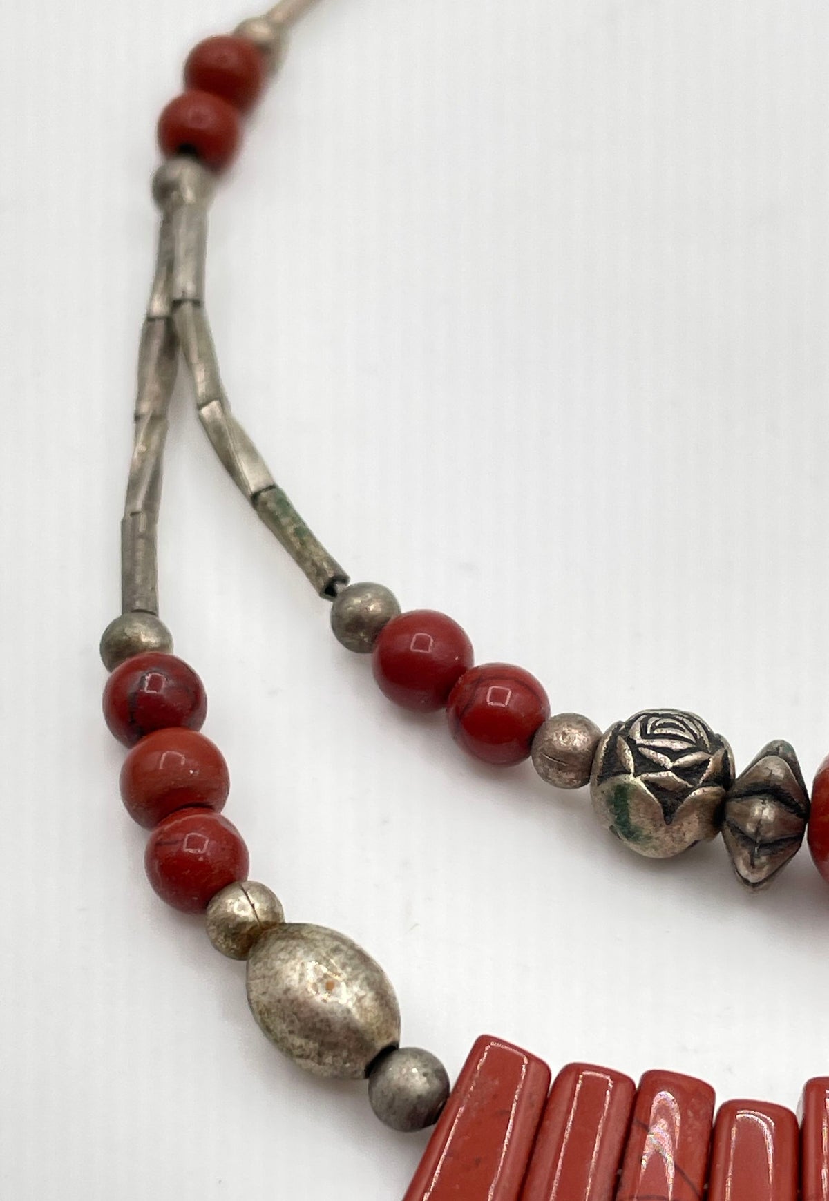 Mixed Metal Red Jasper Southwestern Style Double Strand Beaded Necklace 12.2g