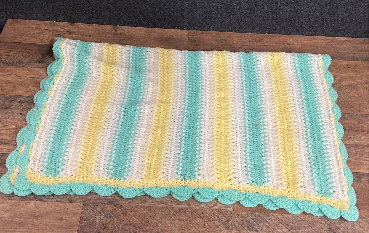 Vintage Mile a Minute Crochet Blanket Striped Pastel Scalloped Baby Afghan