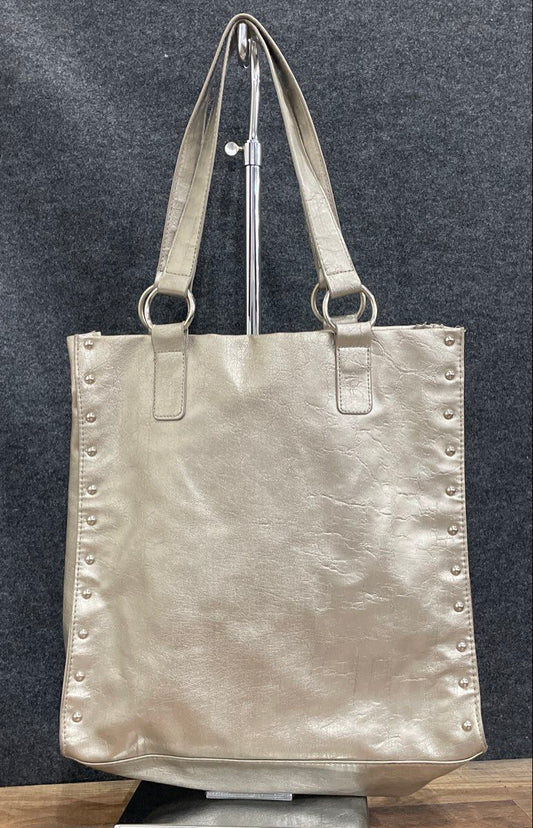 Metallic Grey Leather Studded Trim Shoulder Tote Bag Silver Tone Hardware