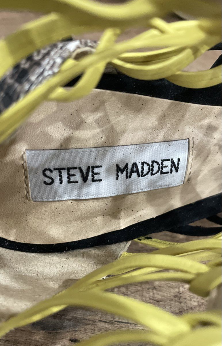 Steve Madden Sleik Snake Print Black Yellow Caged Stiletto Sandals Size 11