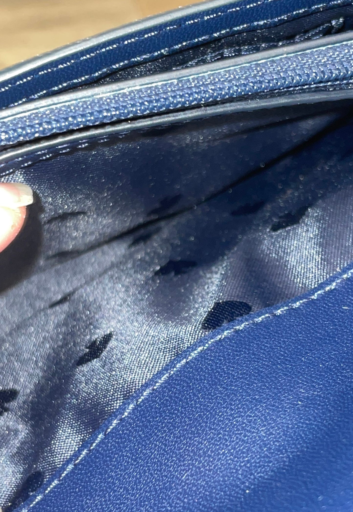 Kate Spade Silver Glitter Navy Blue Leather Trim Wristlet Clutch Bag