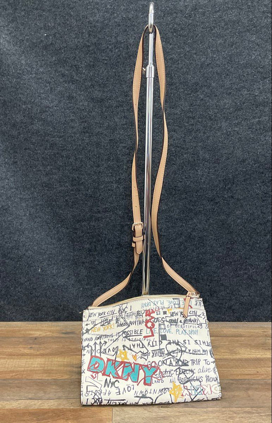 DKNY White Multi-Color NYC Graffiti Print Crossbody Bag Gold Hardware