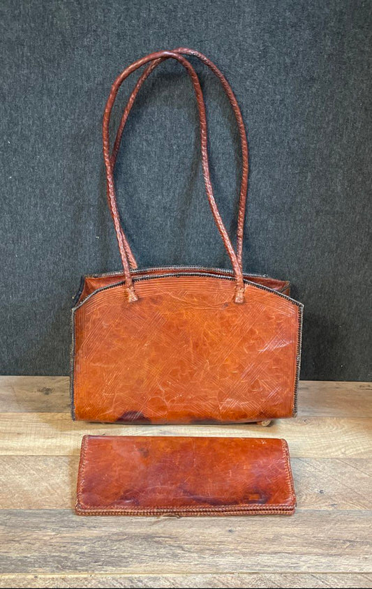 Vintage 1970s Brown Tooled Leather Handbag and Matching Wallet Set