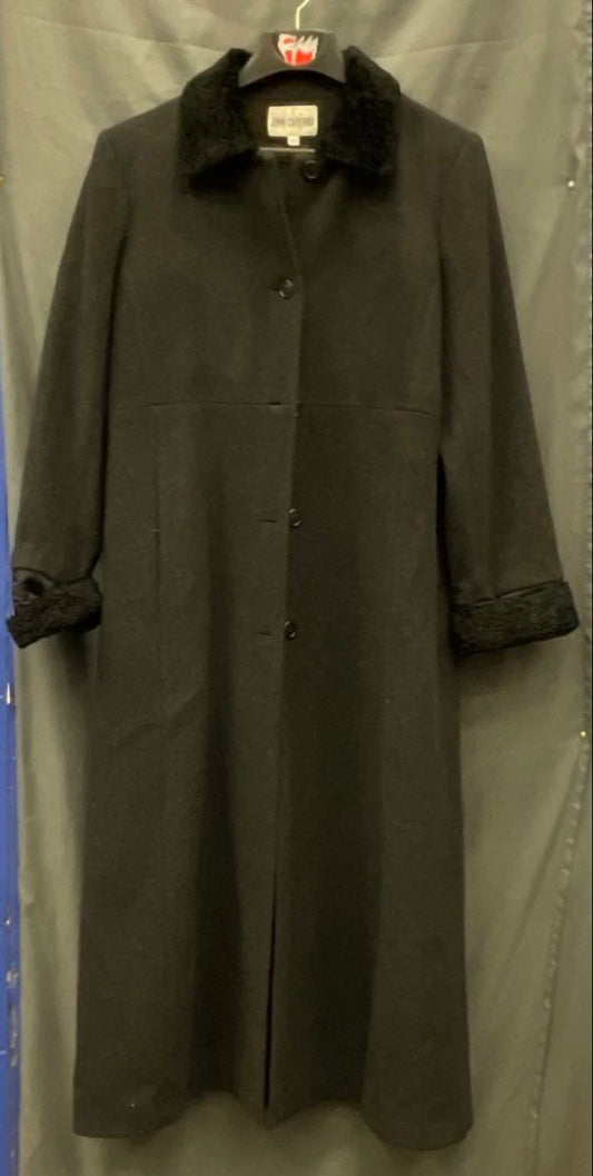 Vintage 90s John Caruana Women's Black Merino Wool Faux Lamb Trench Coat Size 14