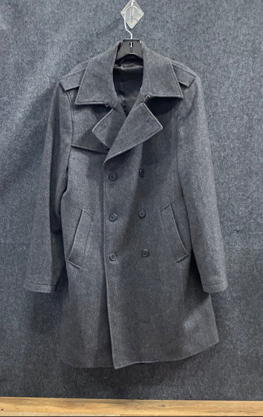 Esprit Men's Gray Herringbone Double Breasted Pea Coat Jacket Epaulets Sz L