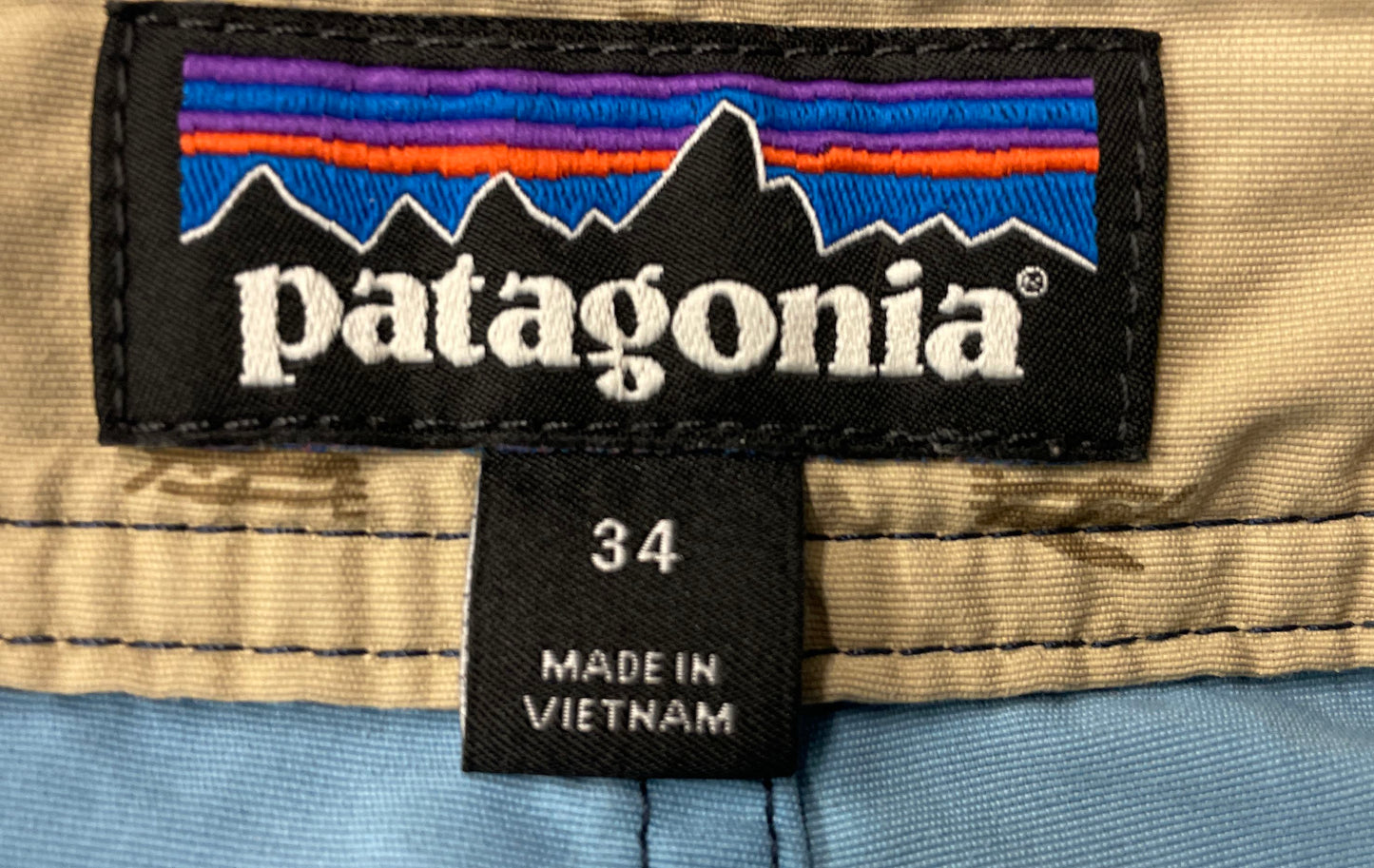Patagonia Men's Striped Board Shorts Navy Blue Drawstring Zip Pocket Sz 34