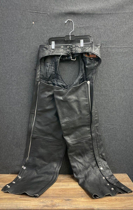 Silver Bike Men's Leather Motorcycle Chaps Black Biker Rider Full Zip Snap Sz M