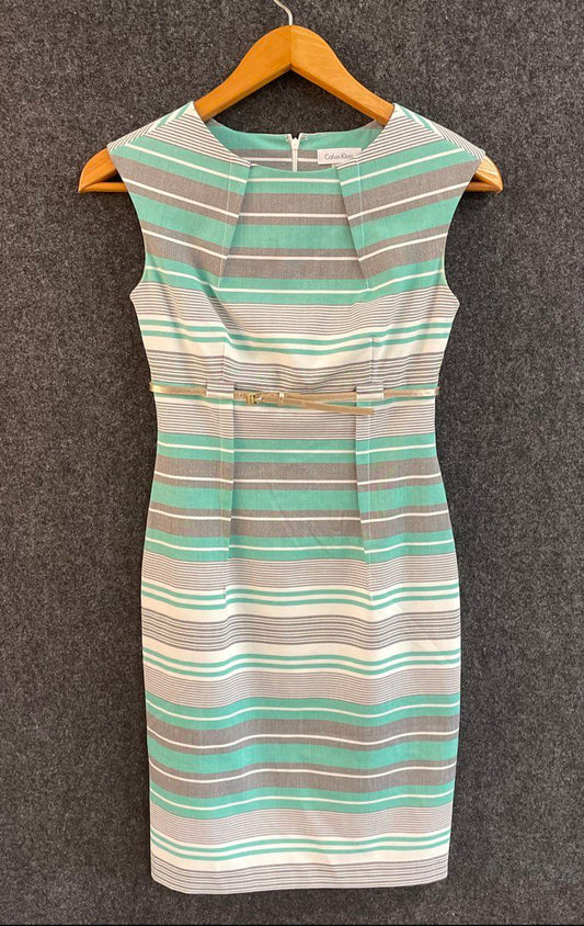 Calvin Klein Women's Sheath Dress Mint Green Gray Striped Belted Cap Sleeve Sz 2