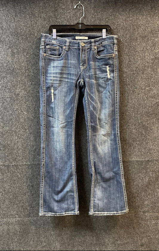 Stetson Women's Blue Distressed Rhinestone Flap Bootcut Jeans Sz 10