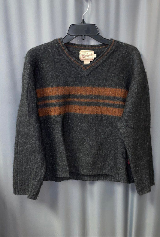 Vintage 90s Woolrich Men's Gray Orange Striped Wool Blend V-Neck Sweater Sz L