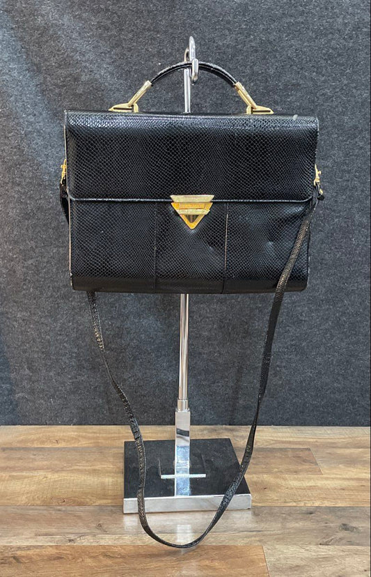 Vintage 80s Black Lizard Embossed Top Handle Crossbody Bag Gold Hardware