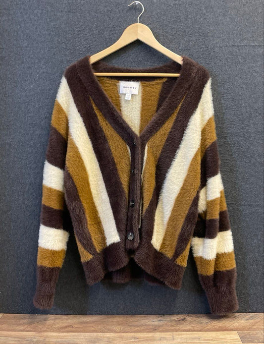 Industry Women's Brown Multicolor Fuzzy Striped Eyelash Knit Cardigan Sz L