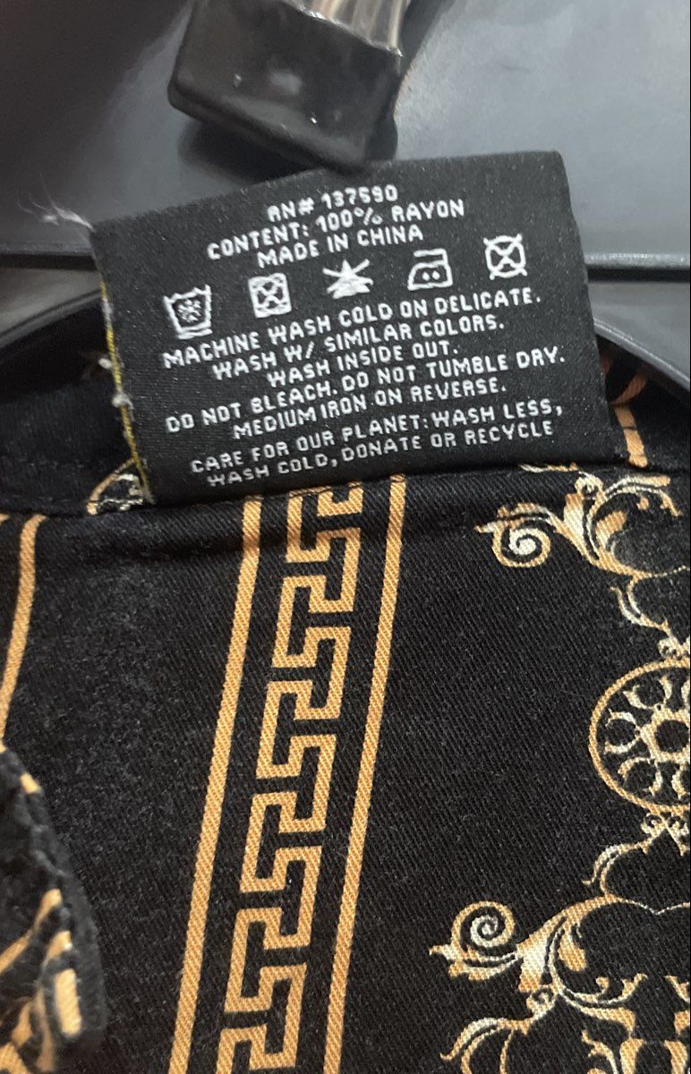 Casa Moda Couture Men's Black Gold Baroque Greek Key Rayon Button Up Shirt Sz M