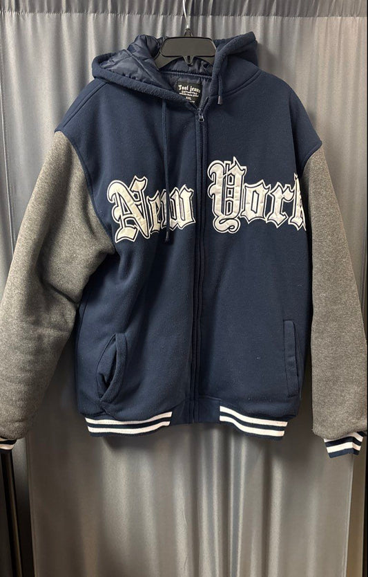 Vintage Tool Jeans Men's New York Quilted Zip Hoodie Jacket Navy Gray Sz XXL