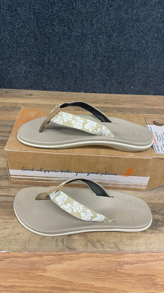 Island Slipper Mokulua Nylon Thong Hana Tan Floral Sandals Women's Size 10