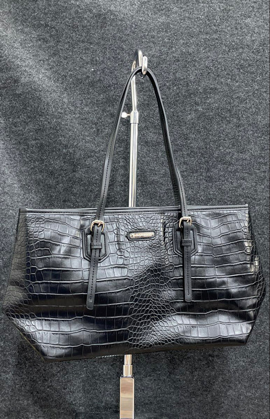 Dana Buchman Black Croc Embossed Leather Tote Shoulder Bag Zebra Print Lining