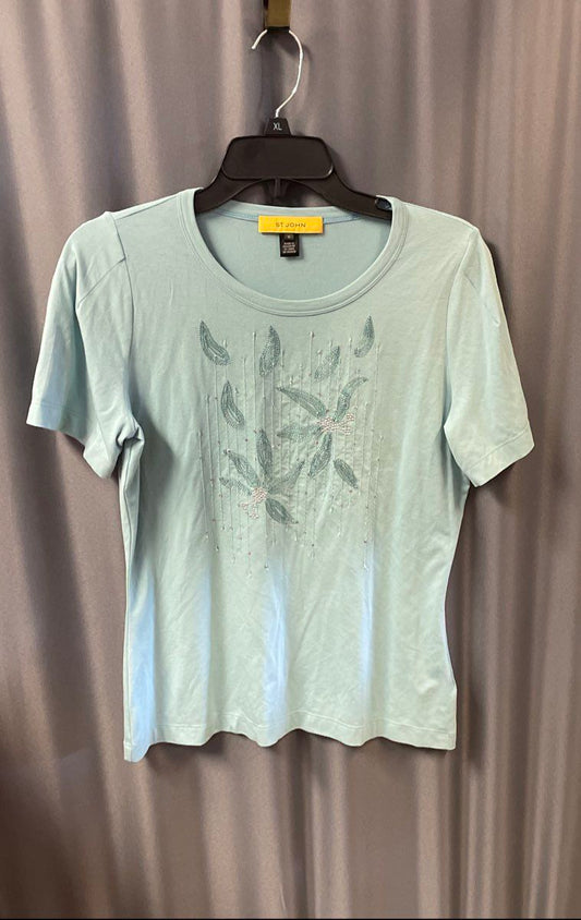 St. John Women's Blue Embellished Beaded Floral Short Sleeve Tee Shirt Sz M