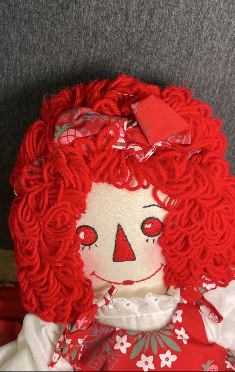 Vintage Handmade Rag Doll Red Yarn Hair Hawaiian Print Dress w/ Bag 1980s