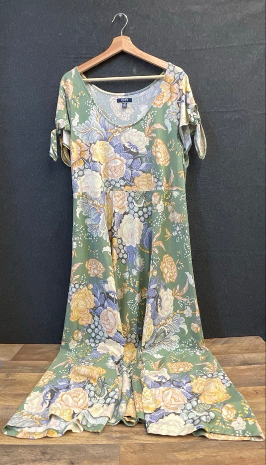 Chaps Women's Green Floral Cotton Scoop Neck Tie Sleeve Maxi Dress Sz XXL