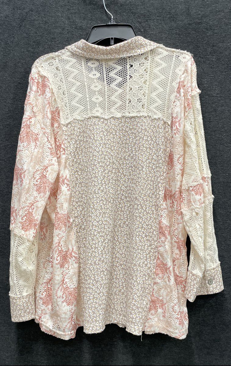 POL Women's Beige Rose Patchwork Lace Crochet Boho Button Up Shirt Blouse Sz L