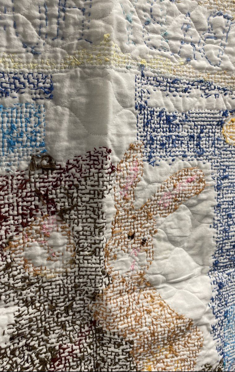 Baby Hugs Cross Stitch Quilted Blanket Teddy Bear Bunny White Vintage Style
