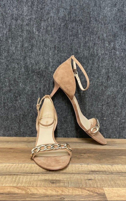 Nine West Lioness Beige Suede Gold Chain Ankle Strap Heeled Sandals Size 8 M