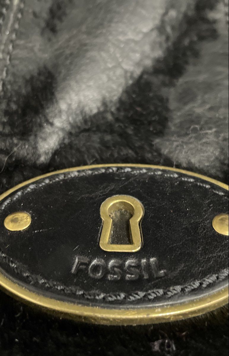 Fossil Black Leather Calf Hair Satchel Purse Gold Hardware Keyhole Plaque