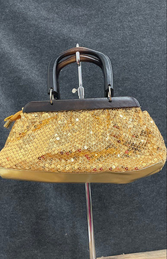 Unbranded Vintage Gold Sequin Bedazzled Purse Wood Handle Handbag