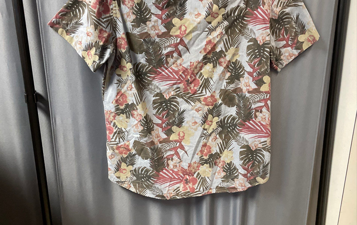 UNTUCKit Men's Gray Tropical Floral Slim Fit Short Sleeve Button Down Shirt L