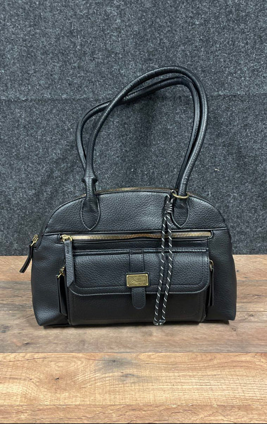 White Mountain Black Pebbled Multi-Pocket Shoulder Bag Brass Hardware