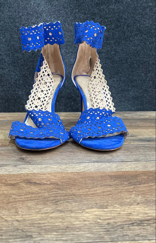 Jessica Simpson Blue Laser Cut Perforated Ankle Strap Stiletto Heels Size 8.5