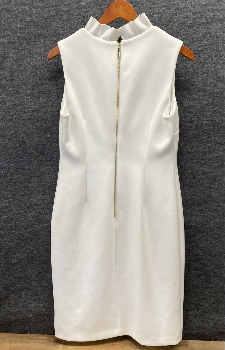 Calvin Klein Women's White Ruffle V-Neck Sleeveless Sheath Dress Sz 10