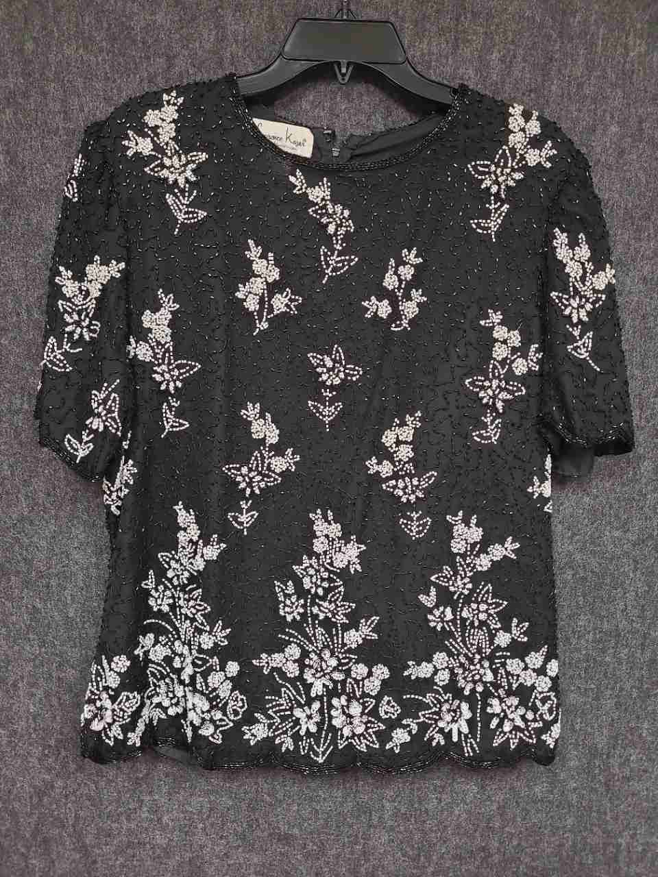 Vintage 90s Laurence Kazar Women's Black Floral Beaded Silk Shirt Blouse Sz XXL