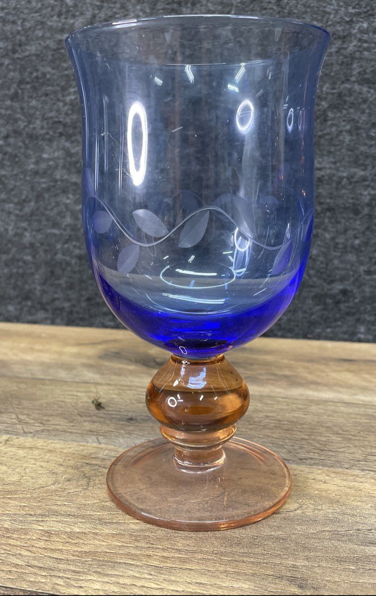 Set of 4 Pfaltsgraff Napoli Etched Cobalt Blue Goblets with Orange Stems