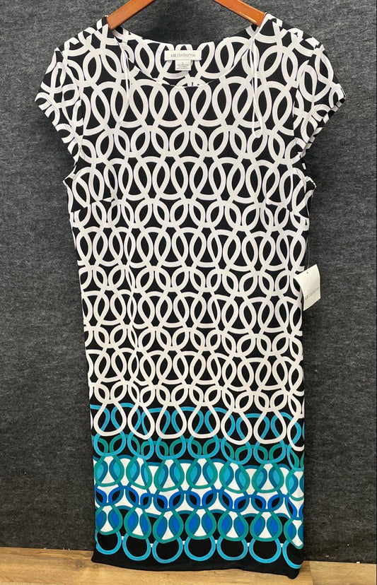 Liz Claiborne Women's Black White Blue Geometric Link Stretch Dress NWT Sz L