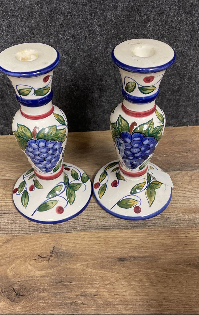 Bella Casa Ceramic Candle Holder Set Hand Painted