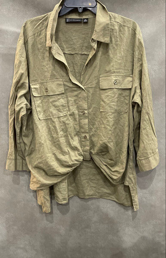 New York & Company Women's Green Cotton Tie Front Button Down Shirt Blouse XXL