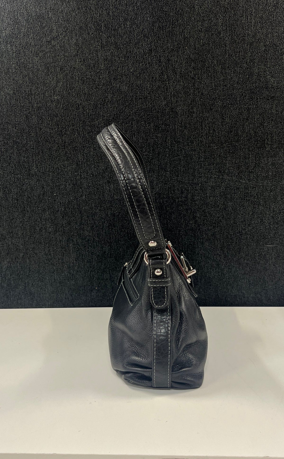 Etienne Aigner Black Leather Buckle Shoulder Bag Pleated East West Purse