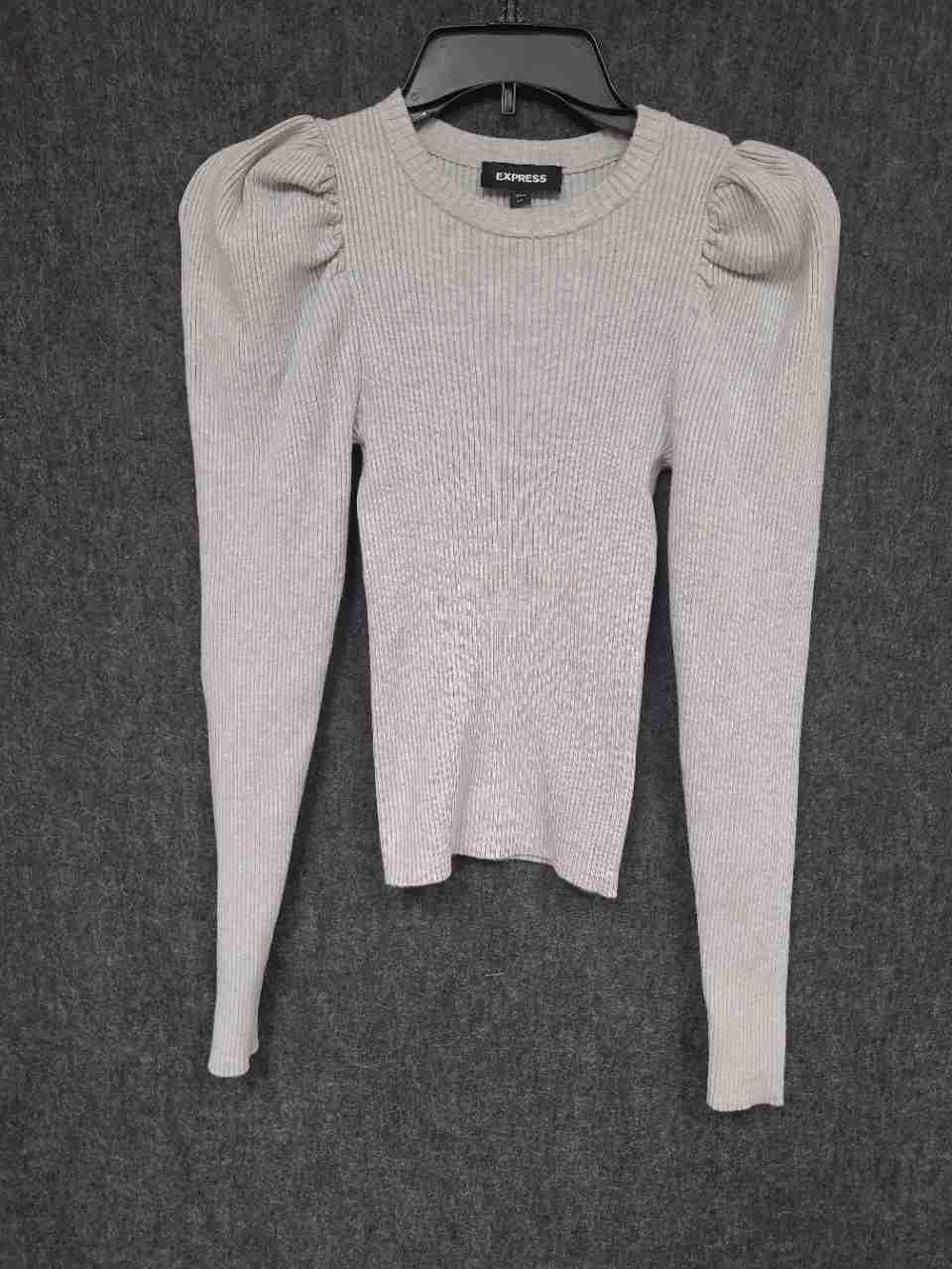 Express Women's Grey Ribbed Knit Puff Sleeve Top Sweater Sz XS