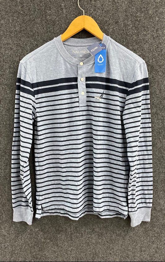 Nautica Men's Long Sleeve Henley Gray Navy Striped NWT Sustainably Crafted Sz XS