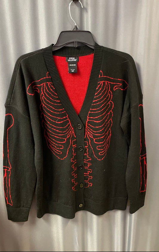 Social Collision Men's Black Red Rib Cage Cardigan Sweater Sz MD