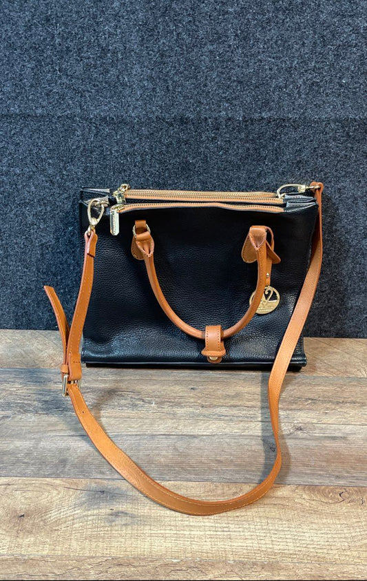 Valentina Black Leather Satchel Crossbody Bag Made in Italy Gold Hardware