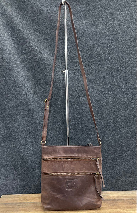 Oak Leathers Brown Distressed Leather Multi-Zip Crossbody Bag Brass Hardware