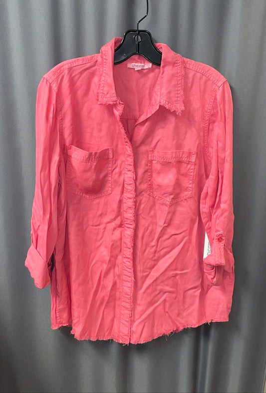 NWT Chico's Women's Pink Fringe Denim Lyocell Button Up Shirt Sz 10 / 1.5