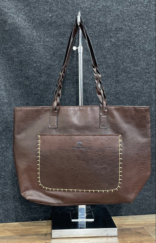 Weimeibaige Brown Leather Large Shopper Tote Bag Braided Handles Front Pocket
