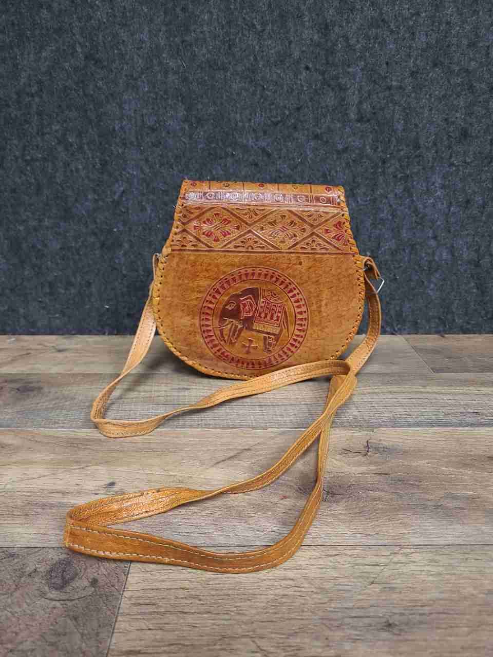 Vintage Tan Tooled Leather Elephant Crossbody Bag Boho Hippie Shoulder Bag