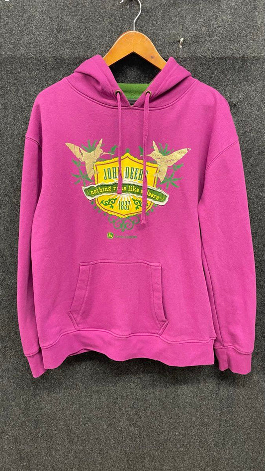 John Deere Women's Hoodie Magenta Pink Green Graphic Crest Pullover Sz L