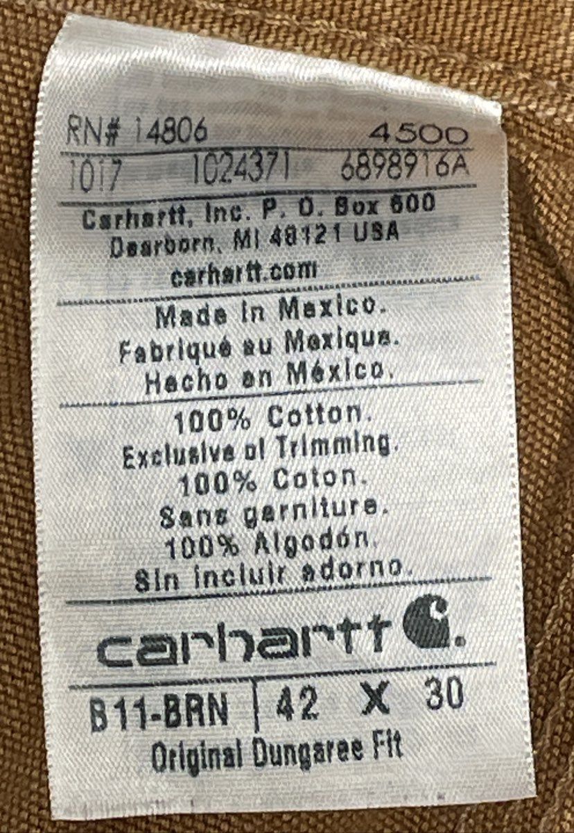 Carhartt Men's B11 Brown Washed Duck Original Dungaree Fit Work Pants Sz 42x30